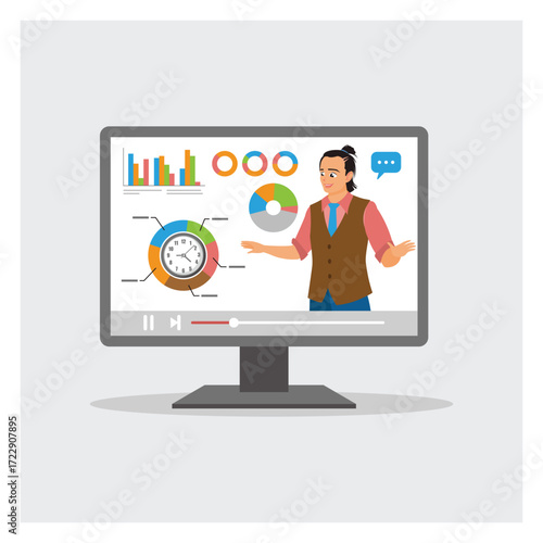 Businessman Expert Explains Business Pie Chart in Video Interface on Computer.