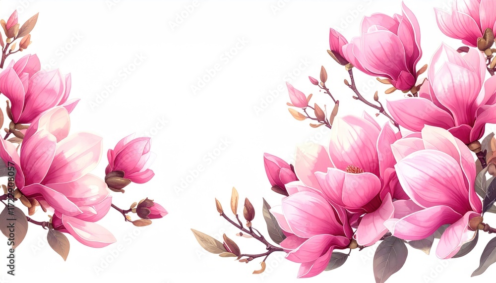 Fototapeta premium Delicate pink magnolia blossoms with slender branches artfully arranged on a bright white background create a soft and floral arrangement