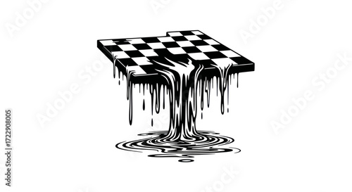Surreal melting chessboard illustration evokes themes of strategic collapse and decay artistic decay