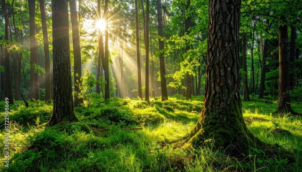 Fototapeta premium Sunlight filters through tall trees in a lush forest. Green moss blankets the forest floor, creating an idyllic and peaceful scene