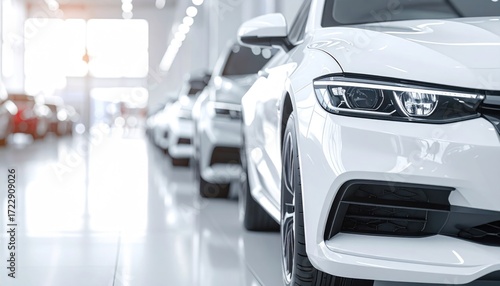 A row of sleek, white cars parked closely together in a bright showroom, with other vehicles receding into the blurred background