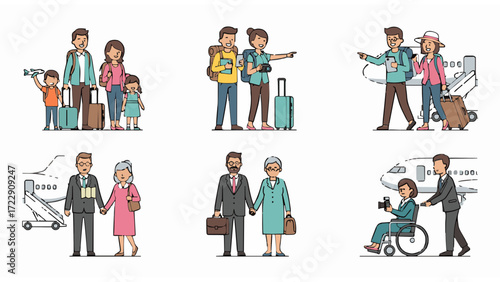 Diverse Travel Journeys Family, Couples, and Individuals Embarking on Adventures with Luggage and Aircrafts