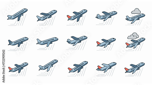Isometric pixel art airplanes in various flight stages and weather, ideal for digital design assets and conceptual aviation projects