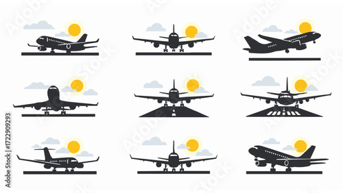 Diverse Airplane Silhouettes A Collection Depicting Various Aircraft in Takeoff, Landing, and Flight Scenarios