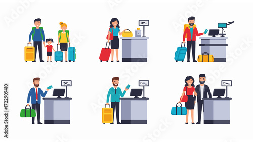Airport Check-in Diverse Travelers & Luggage Illustration Set