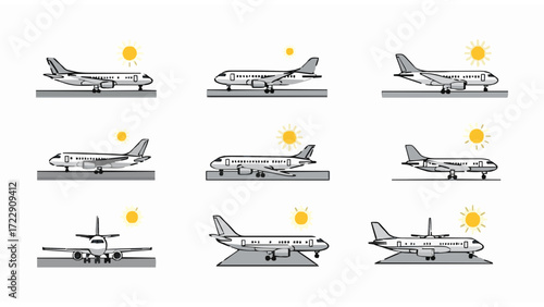 Set of airplane icons illustrating various stages of flight and airport operations under a sun icon