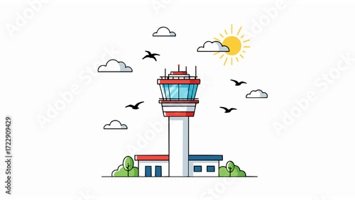 Minimalist illustration of an airport air traffic control tower with a sunny sky, symbolizing aviation, navigation, and travel