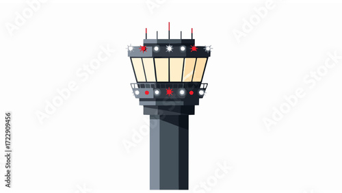 Illustration of an air traffic control tower, a beacon for aviation navigation and safety