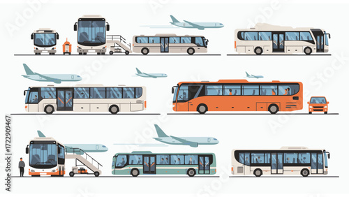 A comprehensive vector set of airport ground transportation vehicles including various shuttle buses, airplanes, and passenger stairs for travel concepts
