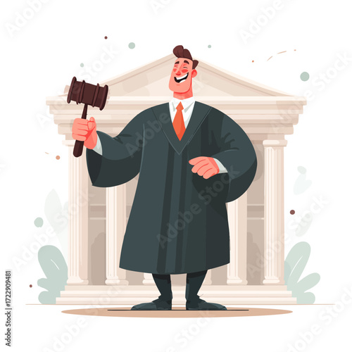 Smiling judge in robe holds gavel before courthouse.