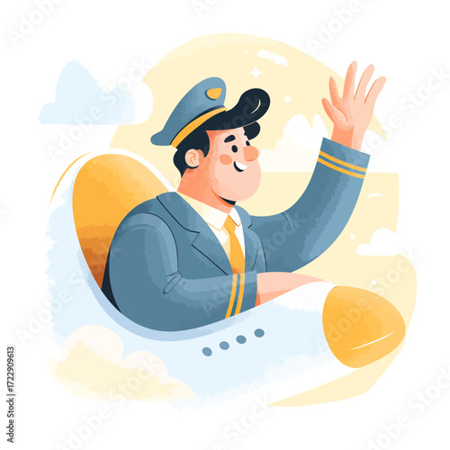 Happy pilot waving from cockpit, airplane in flight, clouds, sunny sky.