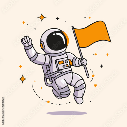 Triumphant astronaut floats in space, holding an orange flag, celebrating a cosmic victory.