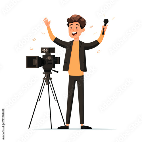 Excited male reporter broadcasting live, holding microphone, camera nearby.