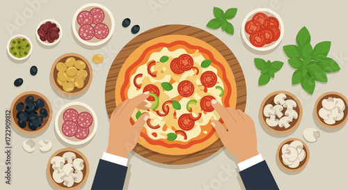This vibrant flat design illustration showcases hands carefully placing a variety of fresh ingredients onto a pizza base, emphasizing customization and healthy choices. 