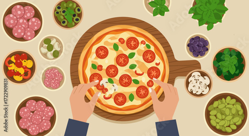 This vibrant flat design illustration showcases hands carefully placing a variety of fresh ingredients onto a pizza base, emphasizing customization and healthy choices. 