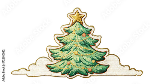 Textured retro vintage Christmas tree sticker illustration with decorations.