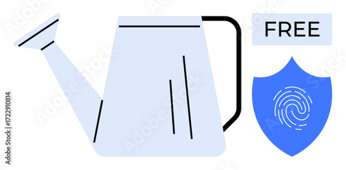 Watering can beside shield featuring a fingerprint design and Free label. Ideal for security, growth, trust, identity protection, free resources, nurturing, simple flat metaphor