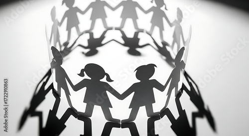 A circular chain of paper cut-out children holding hands, symbolizing unity and community, casting shadows on a white surface.
