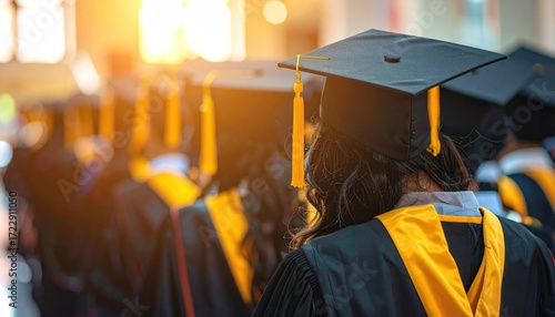 Back view of graduates in gowns, caps, facing forward at graduation ceremony, bathed in warm, golden sunlight. A celebration of achievement