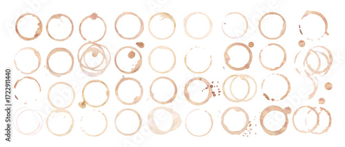 Coffee cup or tea stain drink ring vector illustration set isolated on white background. Coffee stain mark trace ring cup spot trace. Brown round splashes of drink collection.