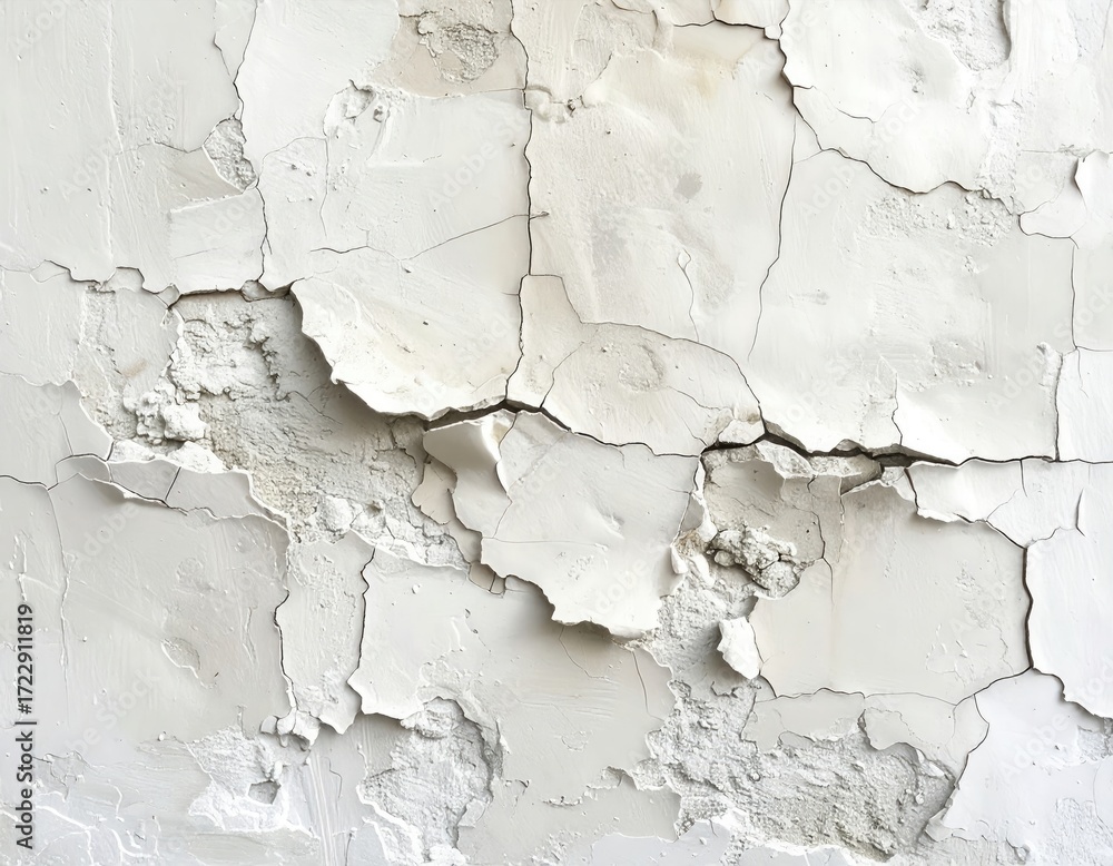 Fototapeta premium A weathered, light gray plaster wall displays intricate cracking and flaking patterns.