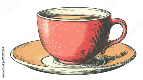 Retro Style Coffee Cup with Saucer Graphic Illustration