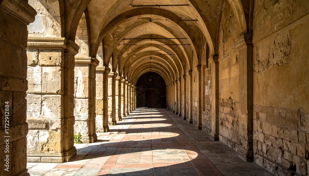 Obraz premium Sunlit stone arcade, long perspective