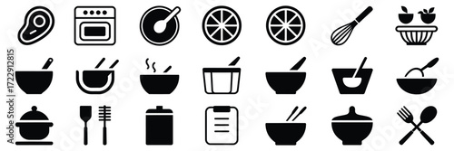 Black and White Cooking Icons,  Line Art Collection Featuring Kitchen Utensils, Cookware, and Food Preparation Tools – Ideal for Culinary Illustrations, Menus, Recipe Apps, and Graphic Projects