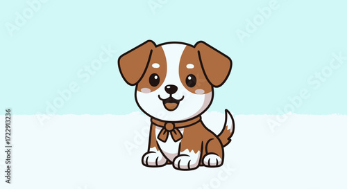 Adorable cartoon puppy with brown and white fur sitting patiently and smiling brightly