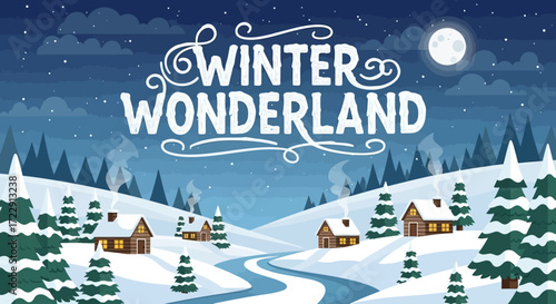 Charming Winter Wonderland Landscape with Cozy Cabins and Snow-Covered Trees on a Cold Night