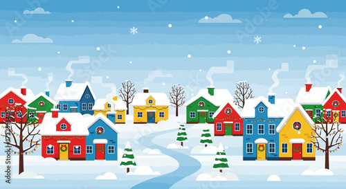 Festive winter townscape with colorful houses and snow-covered roofs for cheerful holidays