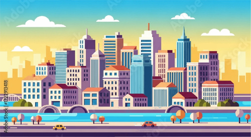 Colorful Modern City Skyline Vector Illustration Urban Landscape Sunset View