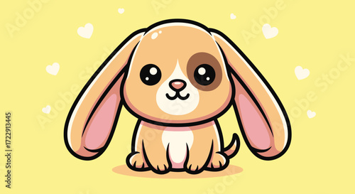 Adorable cartoon puppy with floppy ears and a cute eye patch on a yellow background