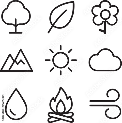 Explore nature's icons tree leaf flower mountain sun cloud water fire wind in simple line art design for nature lovers and eco-conscious projects