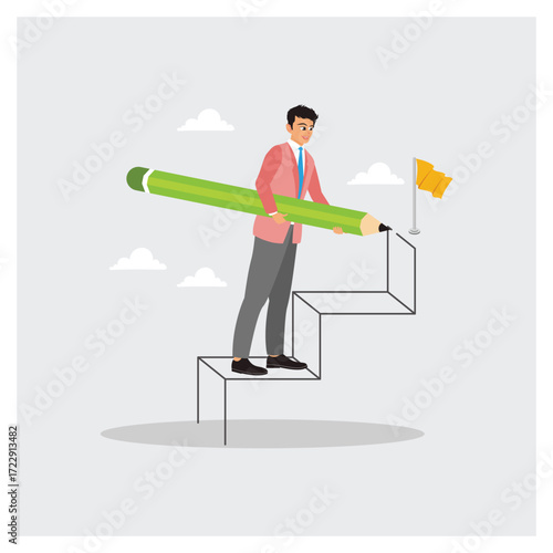 Grow Career Path Concept. Businessman Use Large Pencils to Draw Stair Steps to Success.