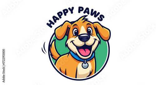 Cheerful dog cartoon logo for pet care services and happy pet related business mascot