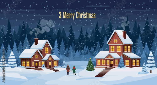 Cartoon winter landscape with houses, snow and people celebrating Christmas season beautifully