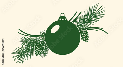 Minimalist christmas illustration featuring a bauble, pine needles and pine cones in shades of green