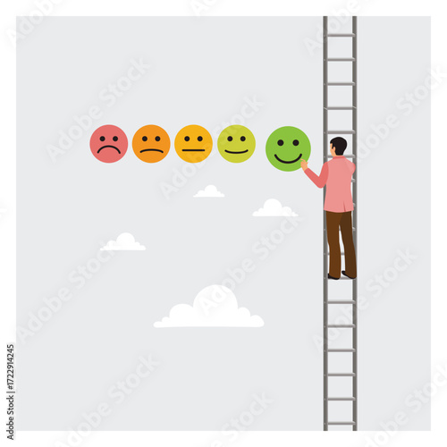 Customer Experience Concept. Businessman Climb Up Ladder to Give Positive Smile Feedback Rating.