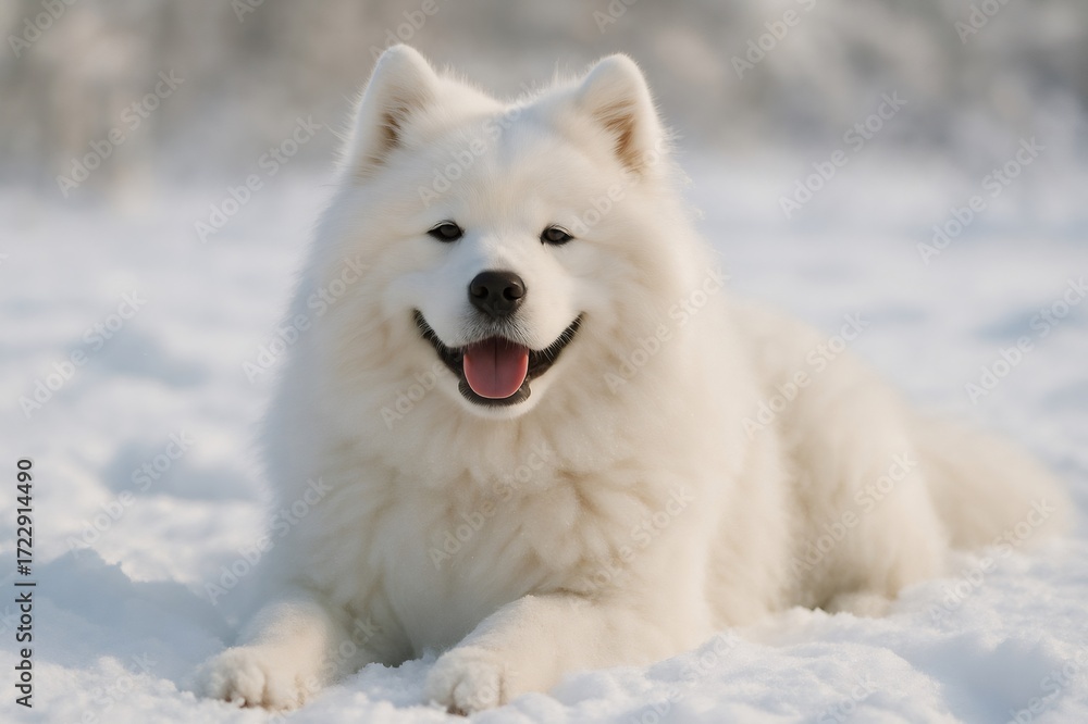 Fototapeta premium Beautiful Samoyed dog lying in the soft snow, relishing the joy of a chilly winter day in a picturesque outdoor setting