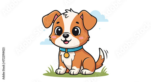 Adorable cartoon puppy with big eyes and a wagging tail full of joy and happiness