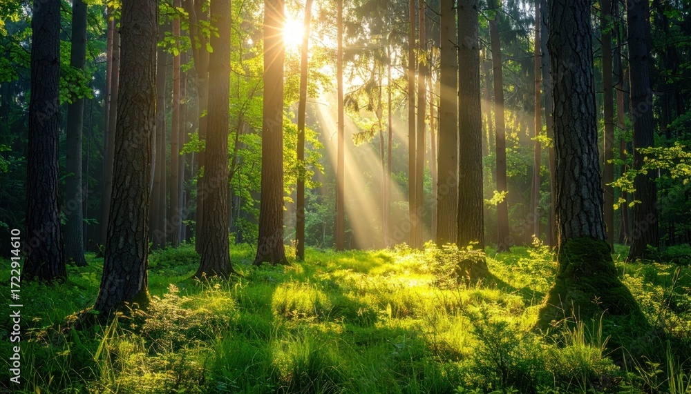 Fototapeta premium A sunlit forest scene showcases dense trees with light rays piercing through the canopy, illuminating the grassy forest floor