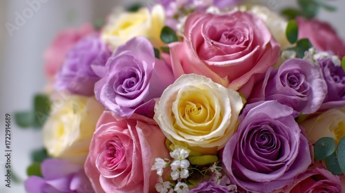 Colorful Bouquet of Pink and Yellow Roses with Fresh Green Foliage