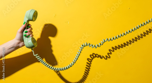 A hand holds a vintage pale green rotary telephone receiver with a coiled cord extending across a vibrant yellow wall with a strong shadow evoking communication and nostalgia