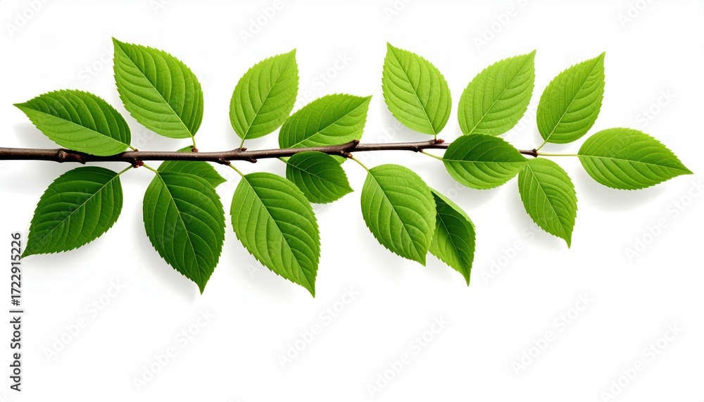 Fototapeta premium A twig bearing vibrant green leaves sits against a bright white background, casting a subtle shadow below