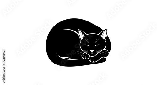 A sleek black cat curls into a peaceful slumber on a stark white background illustration