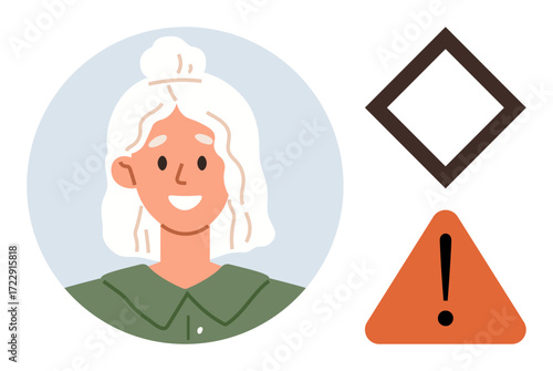 Smiling woman in a circular frame next to a diamond and triangle with an exclamation mark. Ideal for communication, caution, identity, hierarchy, personality, education, symbolic flat metaphor