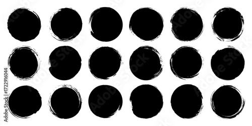 Grunge circles, brush strokes, lines, ink smudges, hand-drawn scribble shapes. Handmade sketchy marks, acrylic stains, charcoal streaks. Paint textures, dry brush effect. Vector illustration