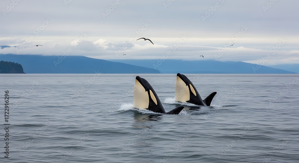Fototapeta premium A Pair of Majestic Orca Whales Spyhopping Together in the Sea.