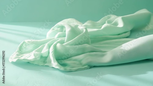 Soft, crumpled cloth on green surface with striped shadows